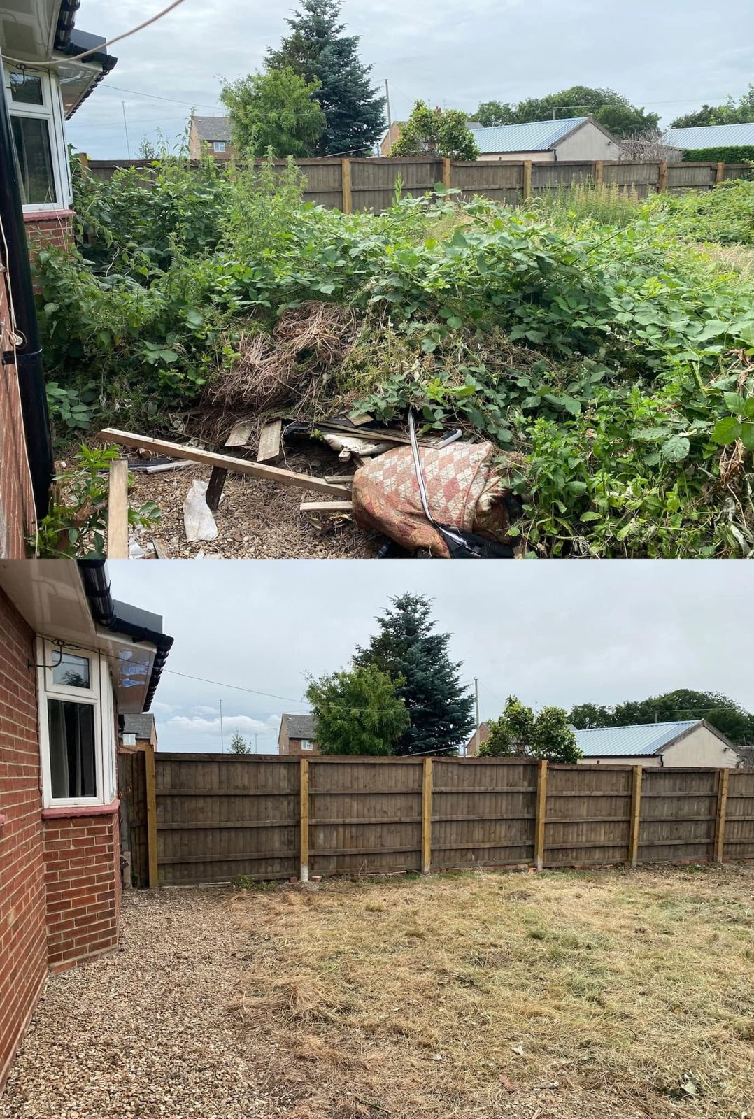 Before and after of a heavily overgrown back garden full of weeds and rubbish, then cleared to flat level ground