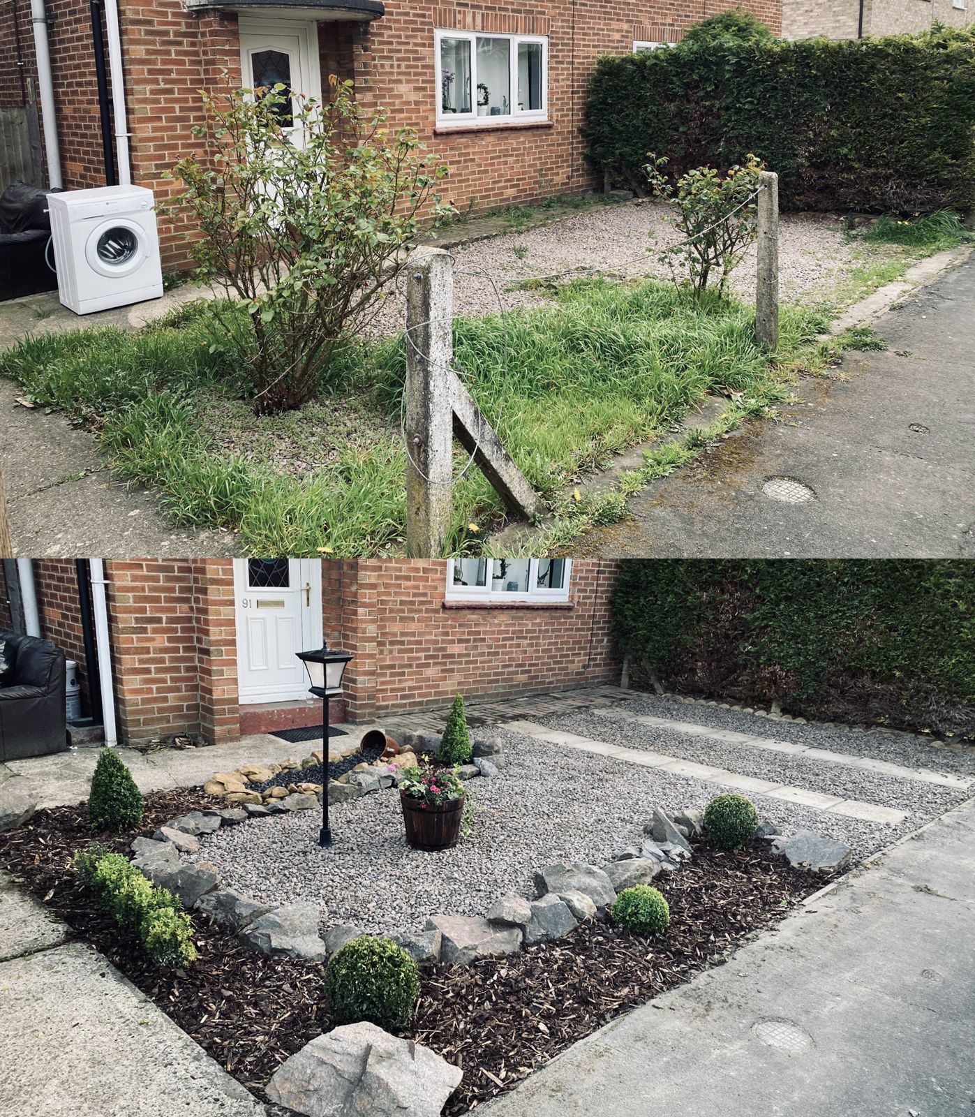 Before and after of a front garden: overgrown grass and old fence posts, then a neat gravel bed with stones, shrubs and a lantern