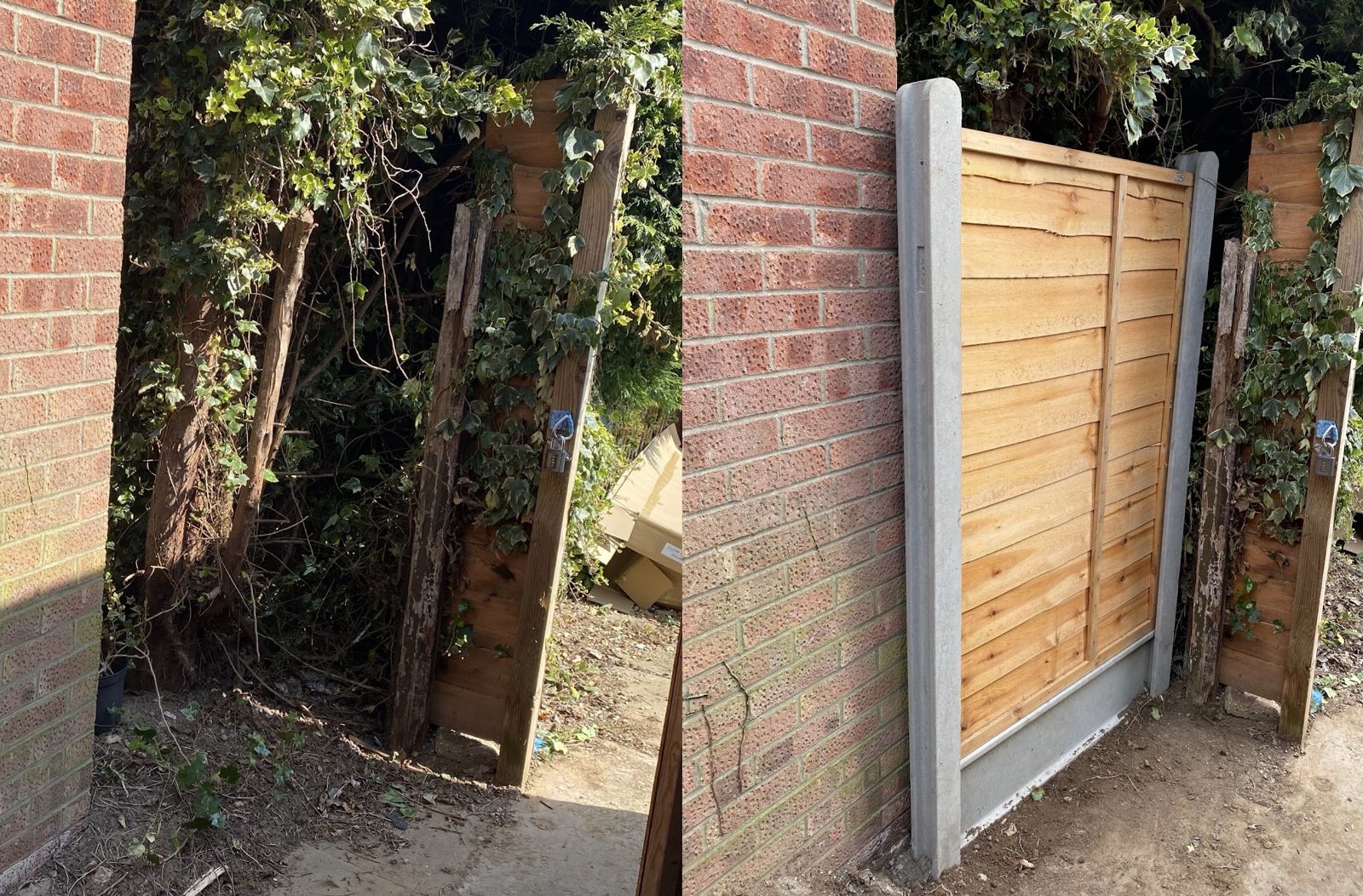Before and after of a side boundary: a broken old fence, then a new panel fence with concrete posts