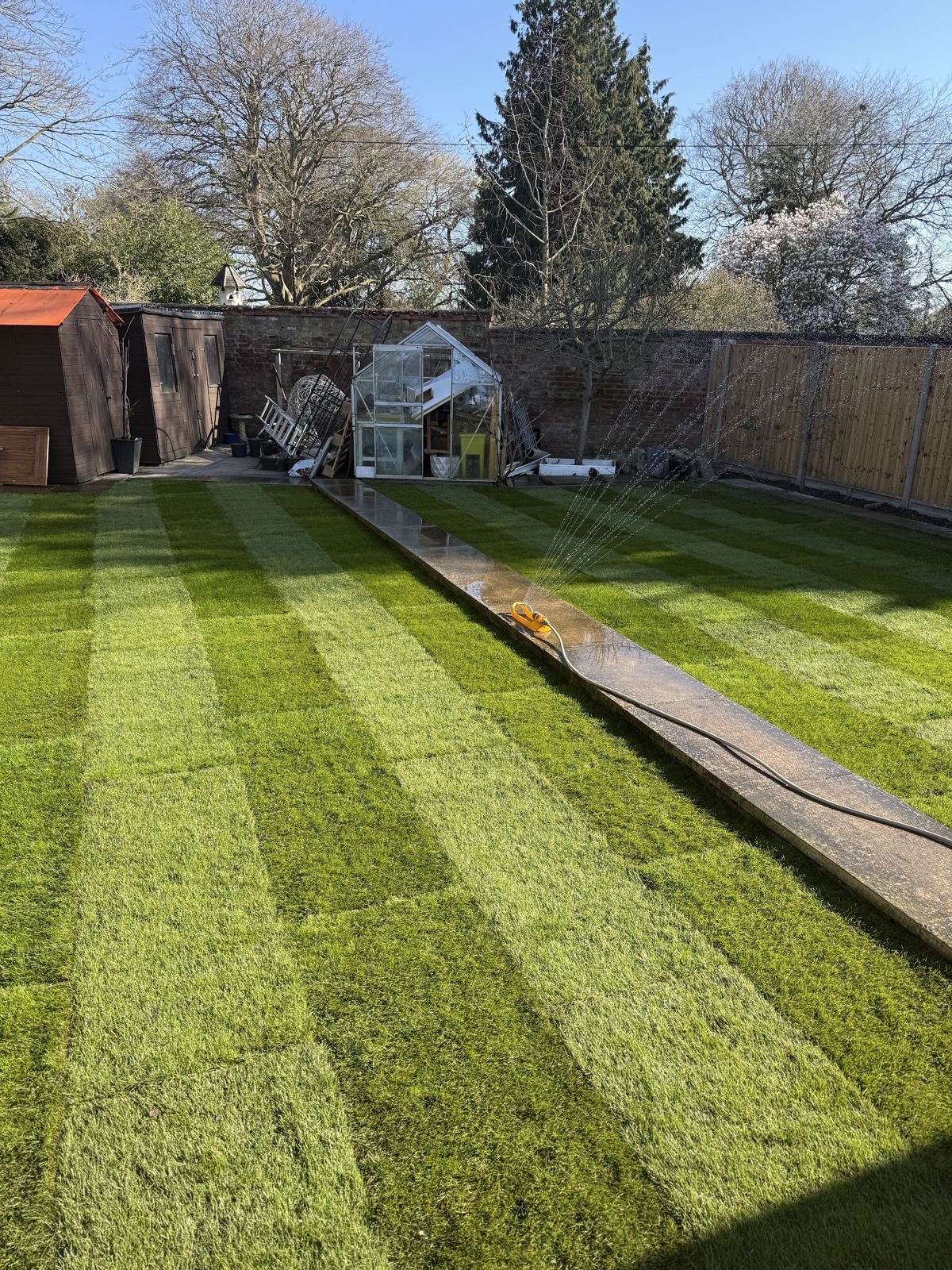 The same garden with a freshly laid striped lawn and greenhouse at the end